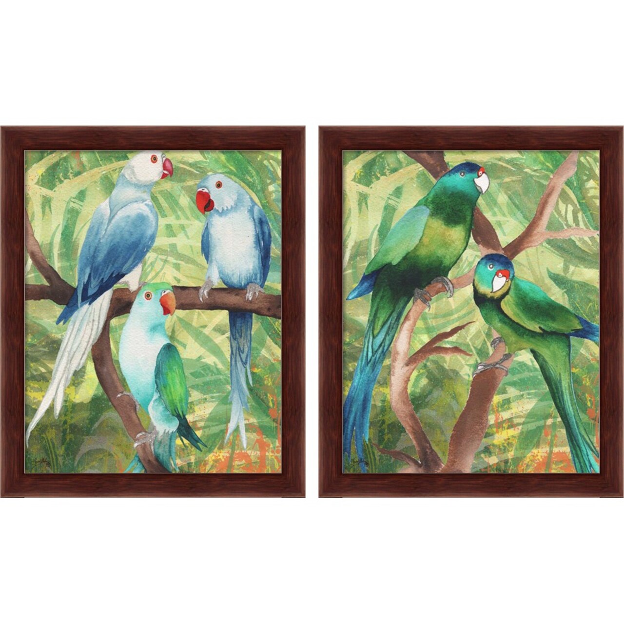 Tropical Birds by Elizabeth Medley, 2 Piece Brown Framed Art Set